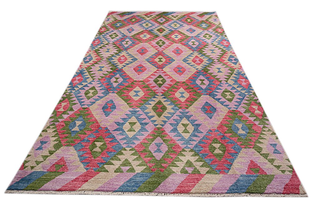 Handmade Afghan Pashm rug featuring a colorful geometric diamond pattern in wool.