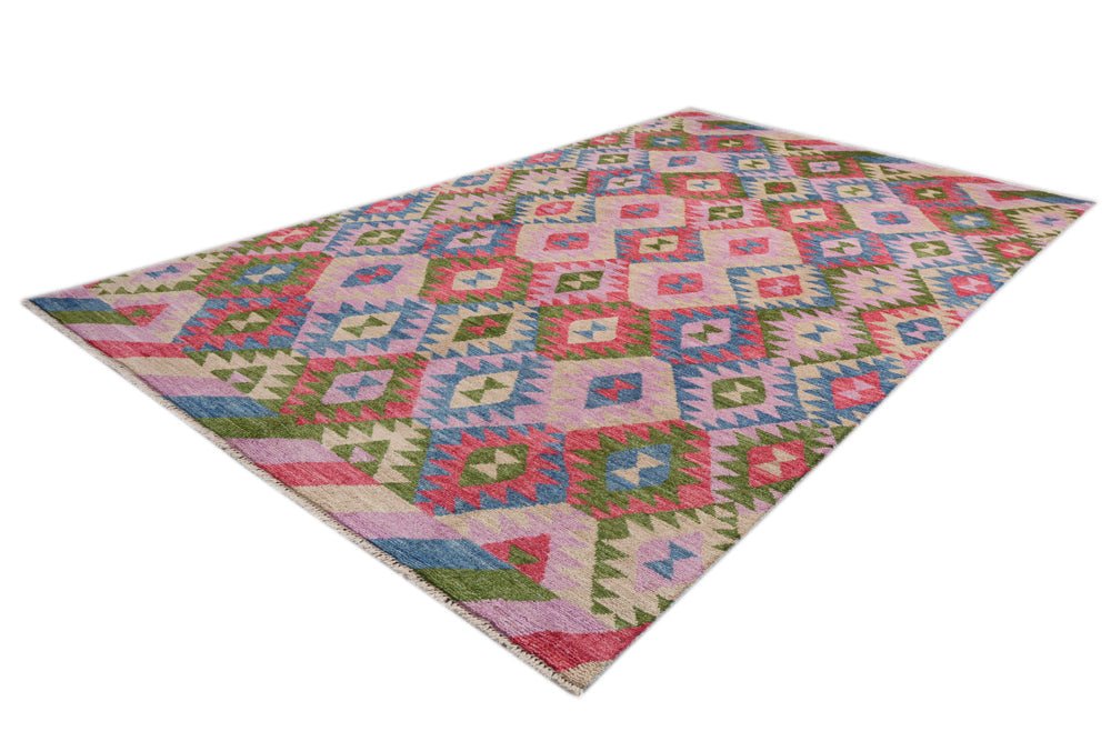 Handmade Afghan wool rug featuring a colorful geometric diamond pattern in a flatweave style.