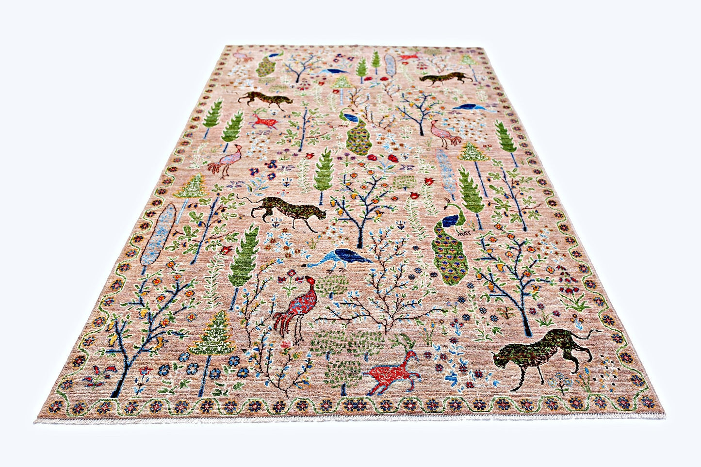 Handmade Afghan Pashm wool rug featuring a colorful garden scene with animals and trees.