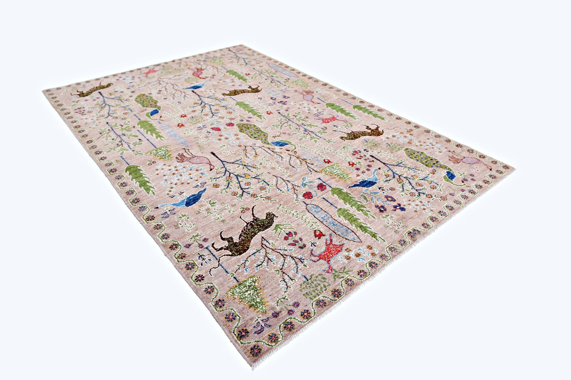 Handmade Afghan Pashm rug featuring a light pink field with intricate animal and floral motifs.
