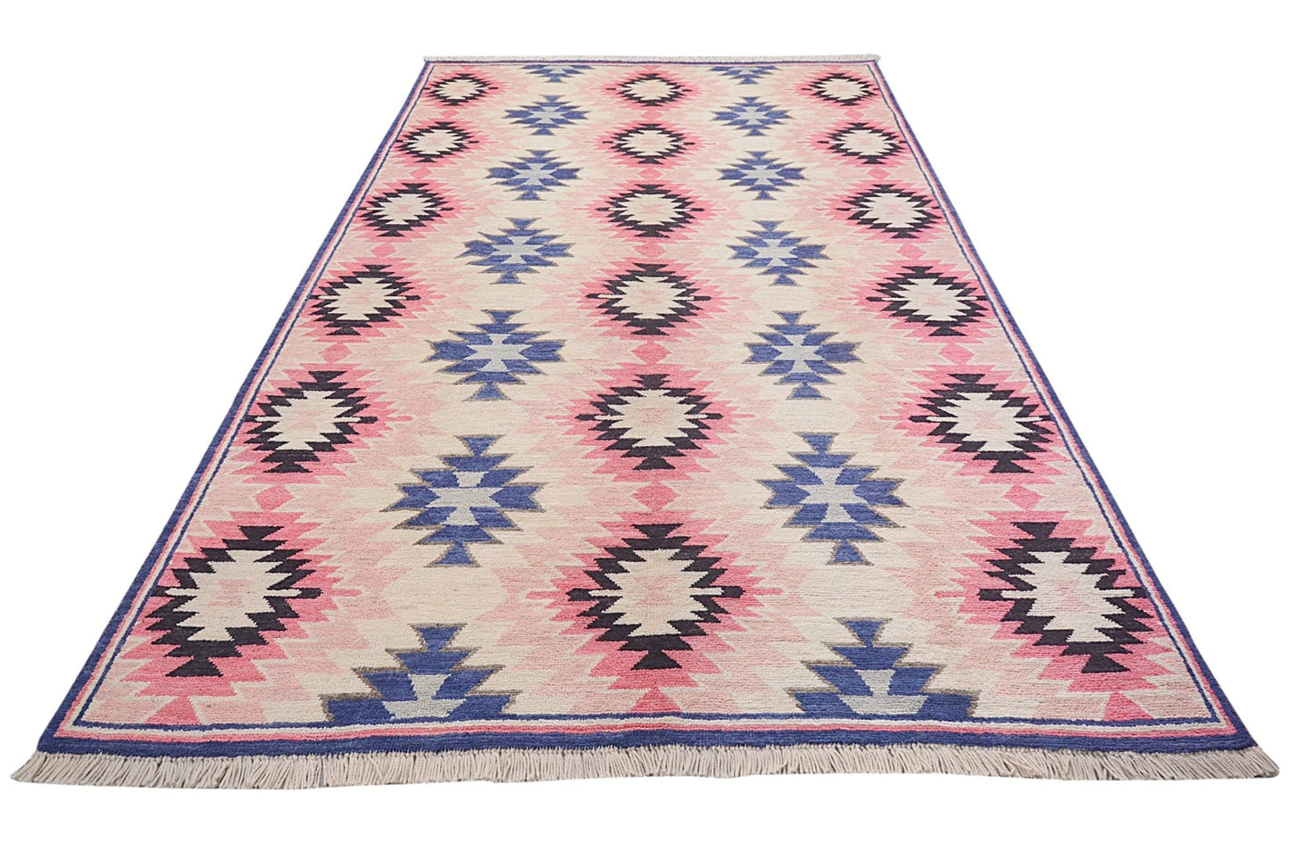 Handmade Afghan wool rug featuring a repeating geometric diamond pattern in pink, blue, and black.