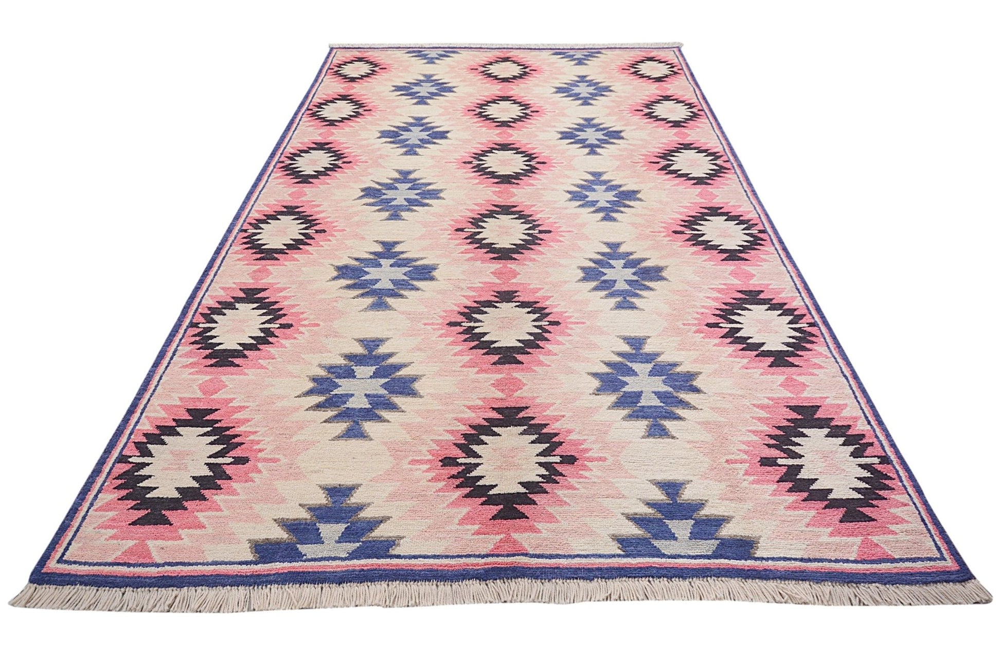 Handmade Afghan wool rug featuring a repeating geometric diamond pattern in pink, blue, and black.