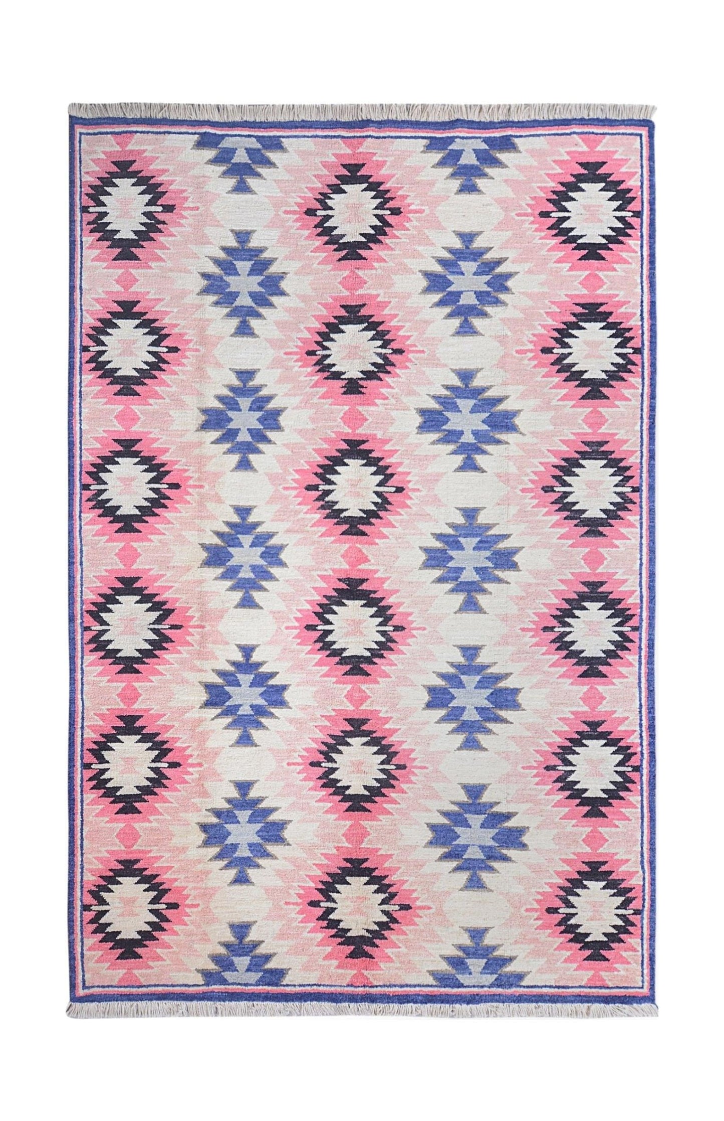 Handmade Afghan wool rug featuring a geometric tribal pattern in pink, blue, and cream.