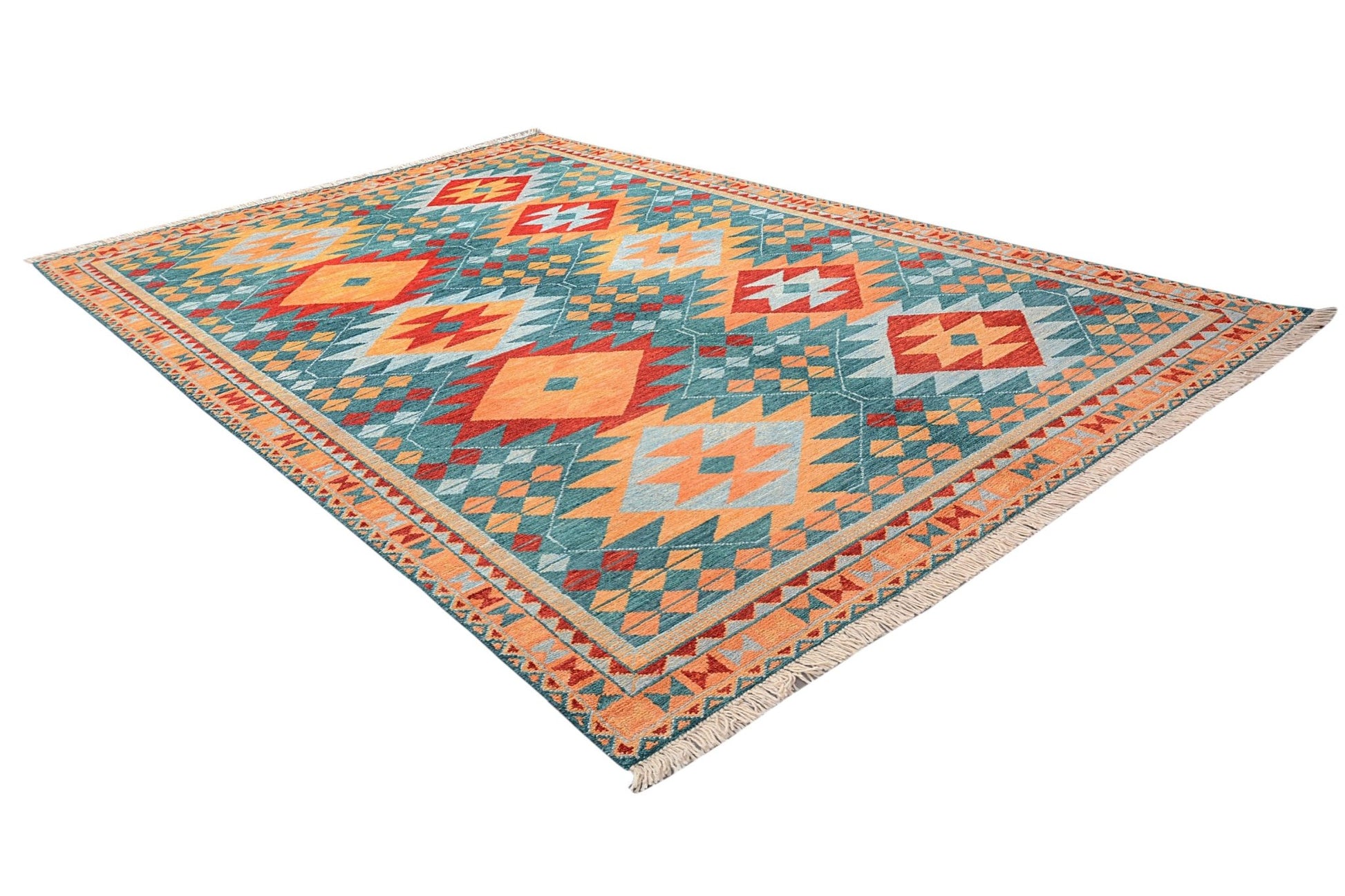 Handmade Afghan Pashm rug featuring a geometric tribal pattern in orange, red, and teal wool.
