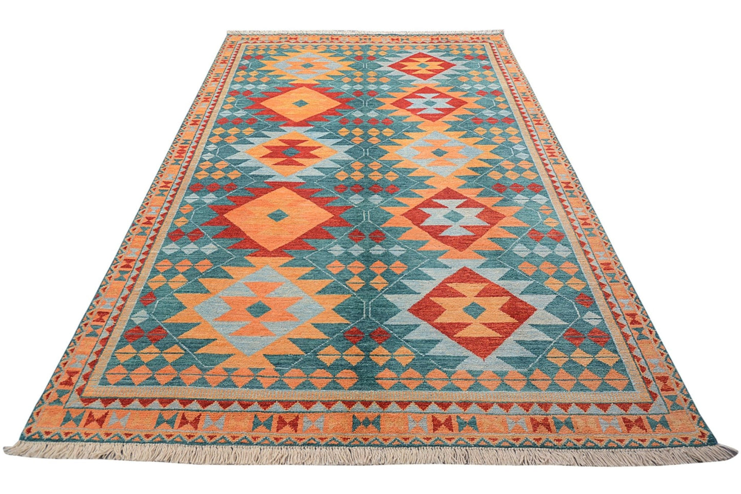 Handmade Afghan wool rug featuring a geometric diamond pattern in teal, orange, and red.