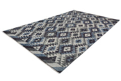 Handmade Afghan Pashm rug featuring a geometric diamond pattern in shades of blue, grey, and white.