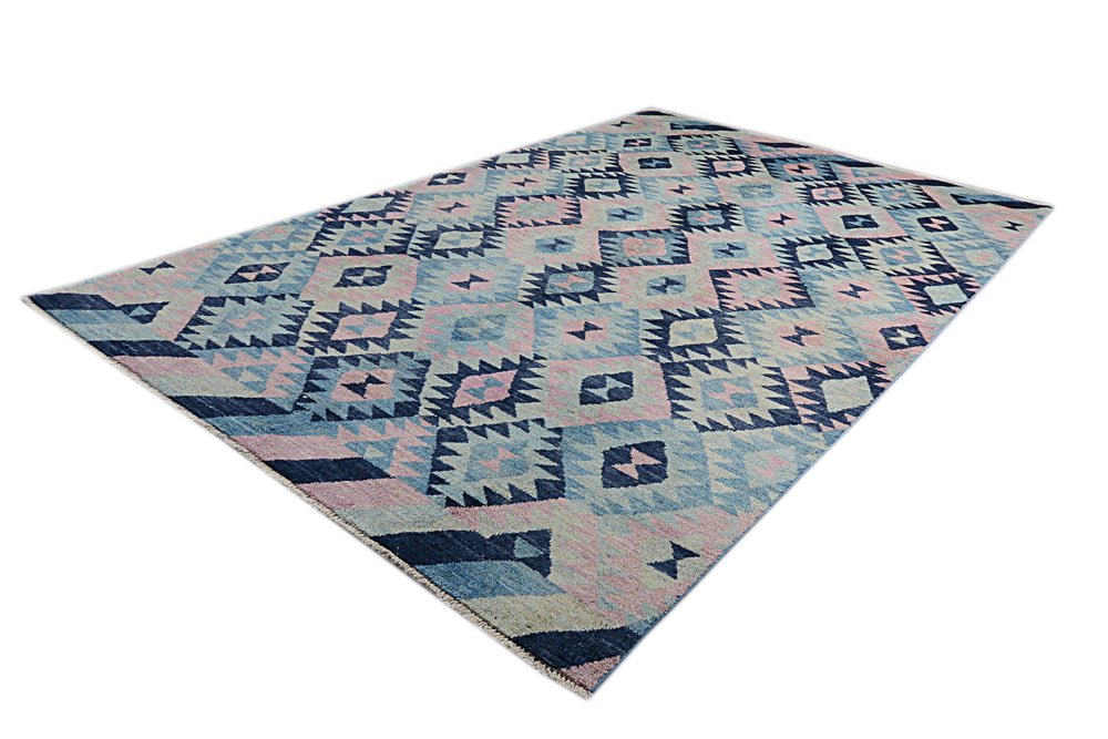 Handmade Afghan wool rug featuring a geometric diamond pattern in shades of blue and pink.
