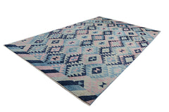 Handmade Afghan wool rug featuring a geometric diamond pattern in shades of blue and pink.