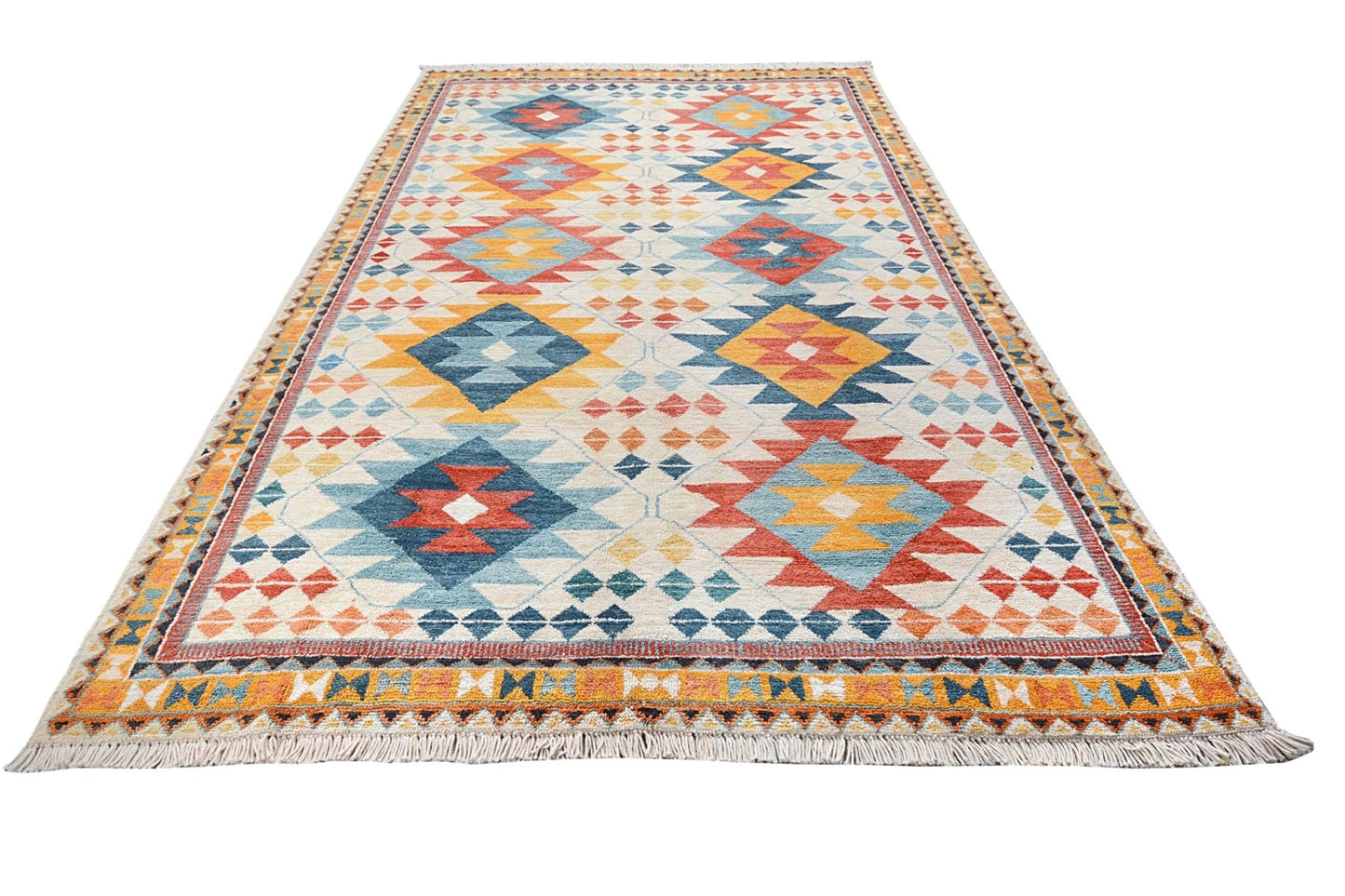 Handmade Afghan wool rug featuring a colorful geometric tribal pattern and fringed edges.