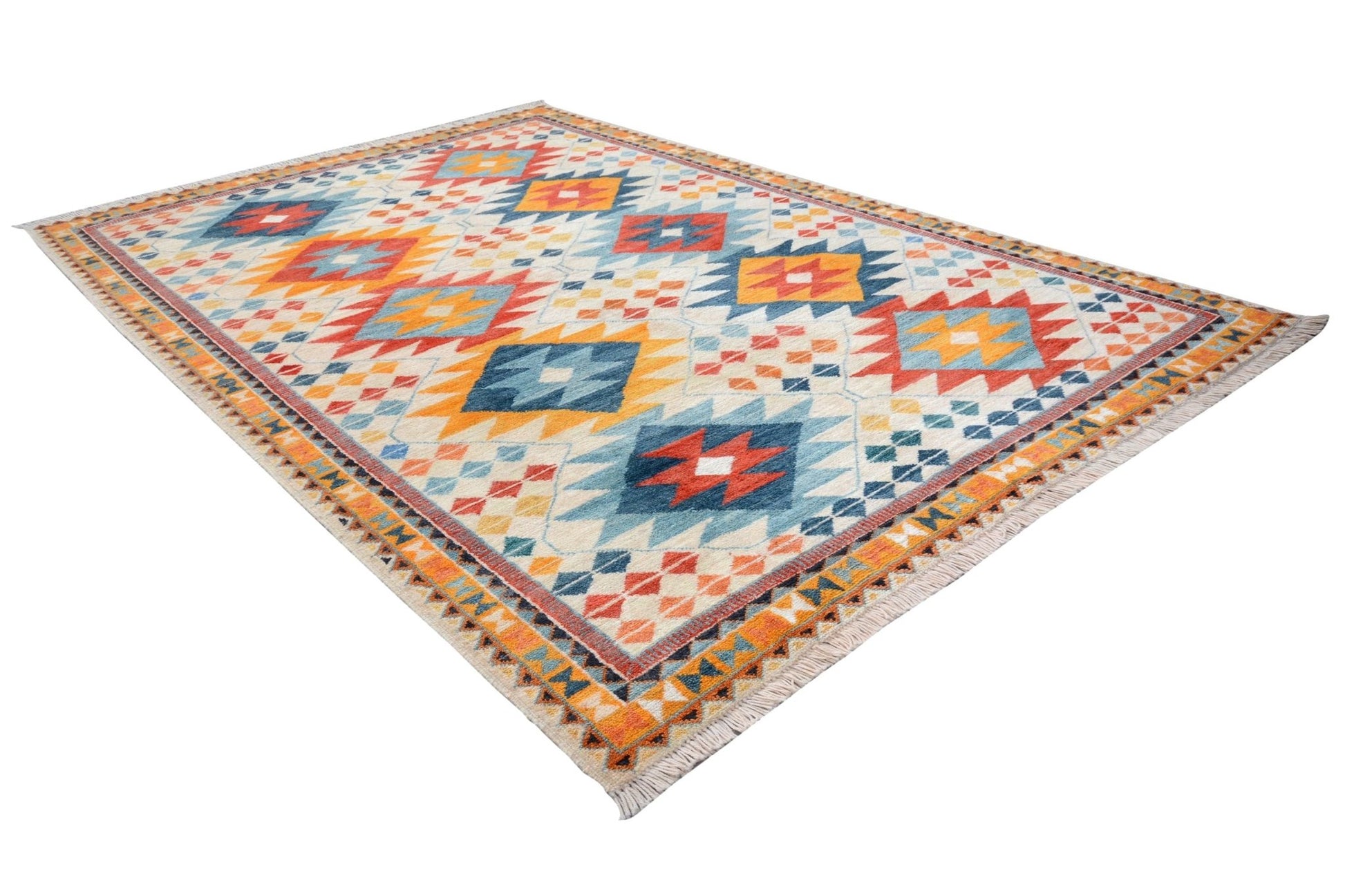 Handmade Afghan wool rug featuring a colorful geometric tribal pattern and fringed edges.