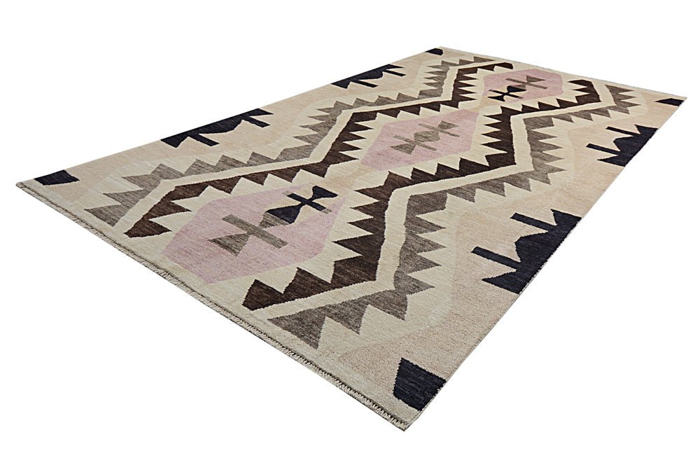 Handmade Afghan Pashm rug featuring a geometric kilim pattern in shades of pink, brown, and cream.