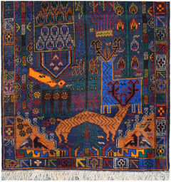 Handmade Afghan wool runner rug featuring a colorful hunting scene with animals and trees.