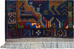 Handmade Afghan wool runner featuring a colorful hunting scene with birds and geometric motifs.