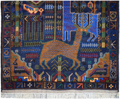 Handmade Afghan wool runner rug featuring a blue background with a central deer and hunting motifs.