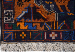 A handmade Afghan wool runner featuring a colorful hunting scene with geometric border patterns.