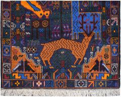 Handmade Afghan wool runner rug featuring a colorful hunting scene with animals and trees.
