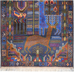 Handmade Afghan wool runner rug featuring a blue and brown hunting scene with animals and trees.