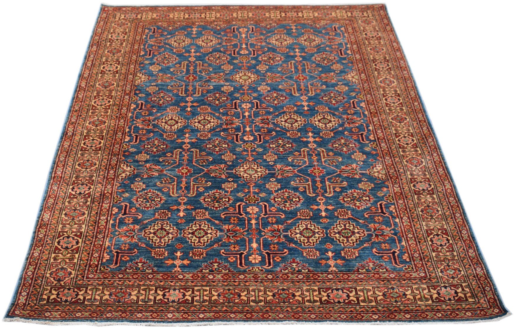 Handmade Afghan Super Kazakh rug featuring a traditional geometric pattern on a blue field.