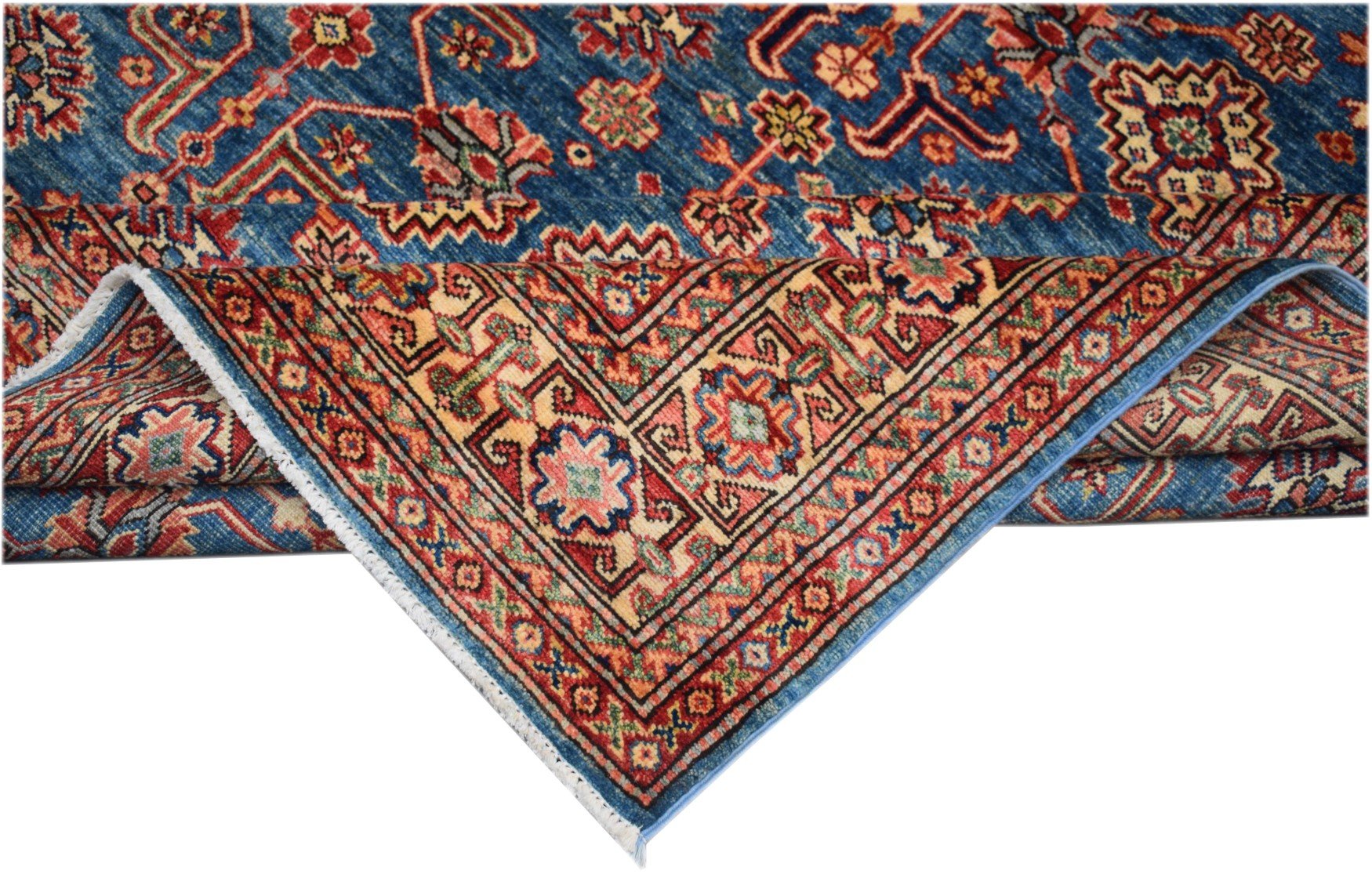 Handmade Afghan Super Kazakh rug featuring traditional geometric patterns in blue and red wool.