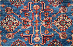 Handmade Afghan Kazakh rug featuring a geometric floral pattern in red, cream, and blue tones.