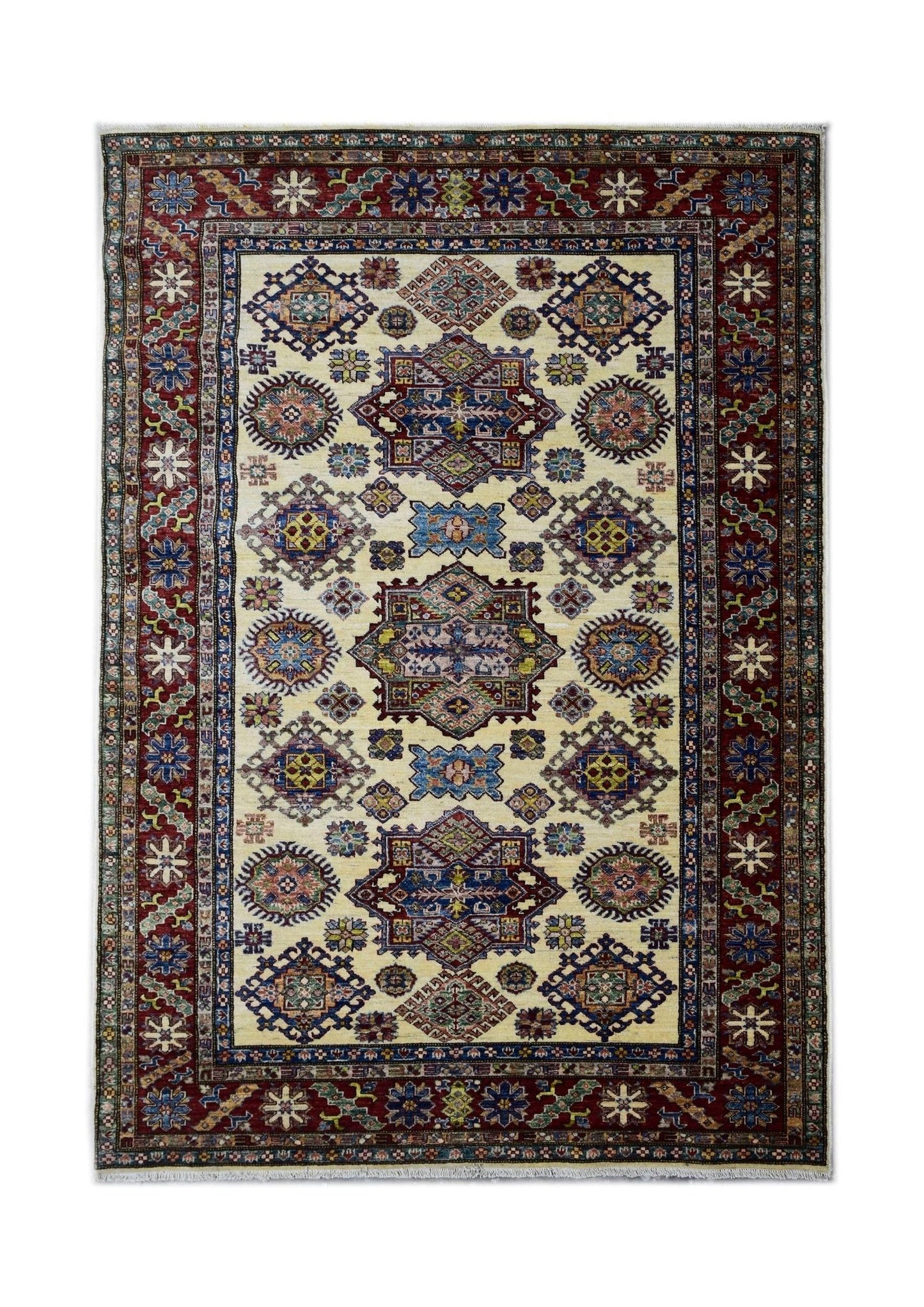 Handmade Afghan Super Kazakh rug featuring geometric medallions on a cream field with red borders.