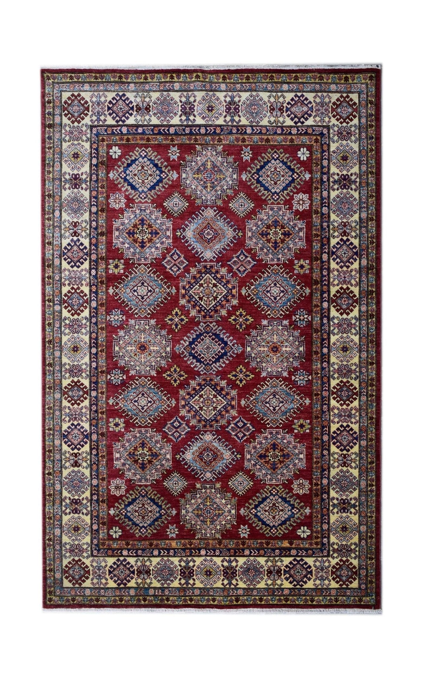 Handmade Afghan Super Kazakh rug featuring a geometric pattern in red, blue, and cream tones.