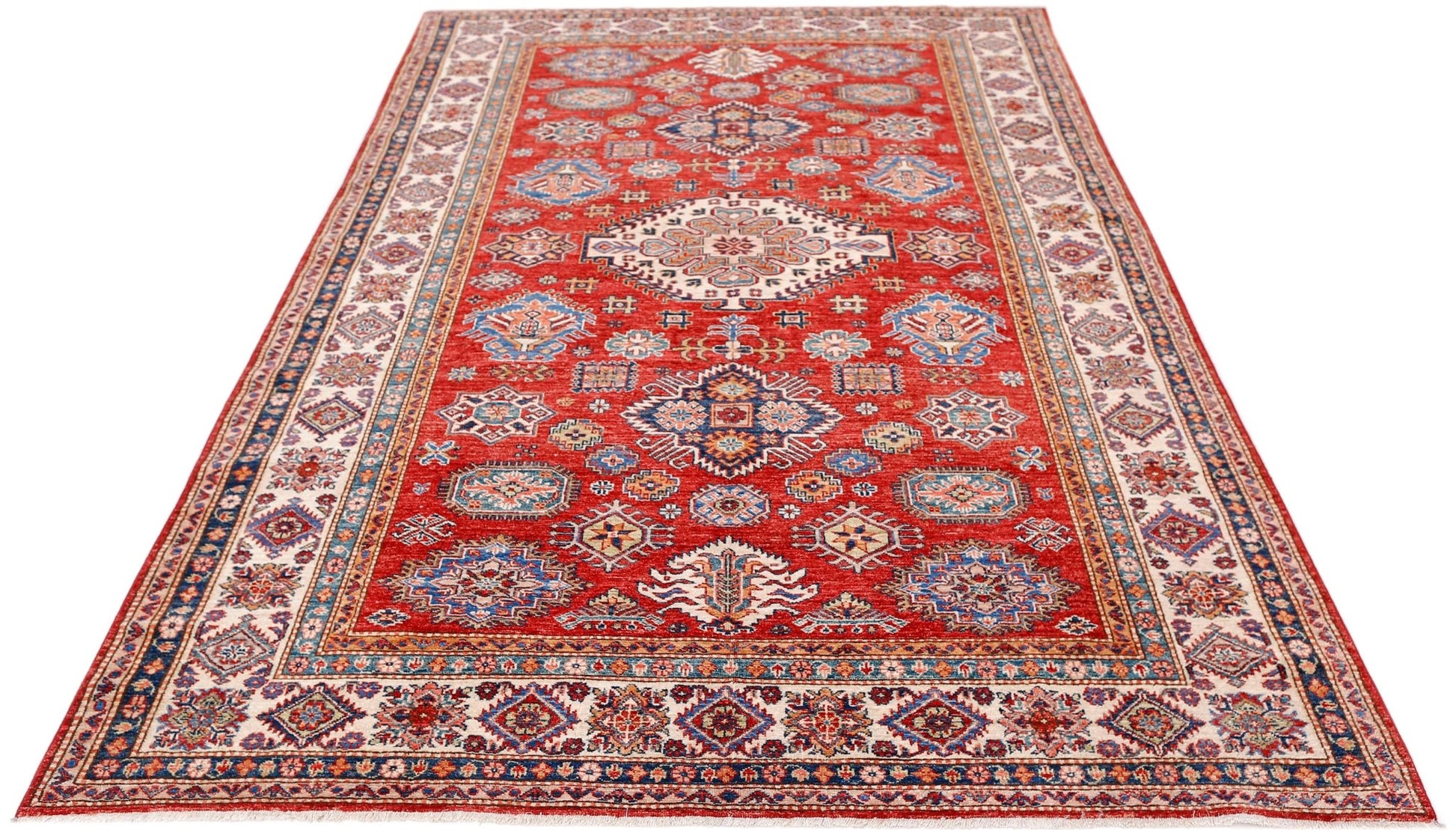 Handmade Afghan Super Kazakh rug featuring traditional geometric motifs in red, blue, and cream.