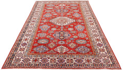 Handmade Afghan Super Kazakh rug featuring traditional geometric motifs in red, blue, and cream.