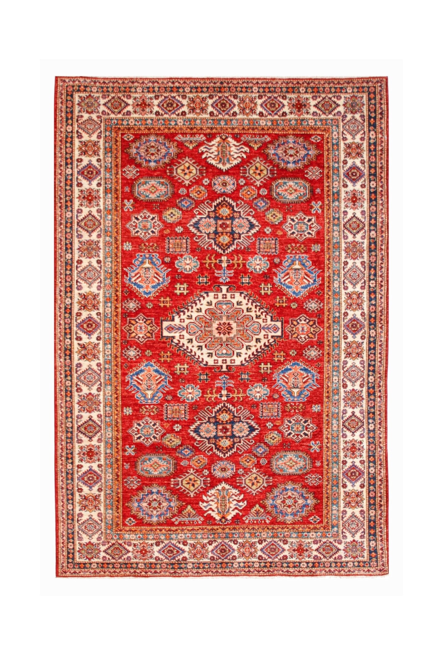A rectangular Afghan Super Kazakh rug featuring traditional geometric motifs in red, blue, and cream.