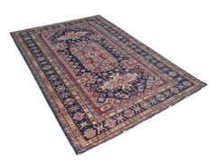 A rectangular Afghan Super Kazakh rug featuring traditional geometric patterns in blue and red.
