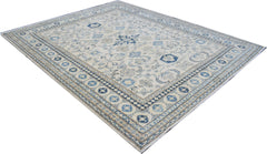 An Afghan Super Kazakh rug featuring traditional blue and beige geometric patterns.