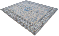 Handmade Afghan Super Kazakh rug featuring traditional blue and beige geometric patterns.