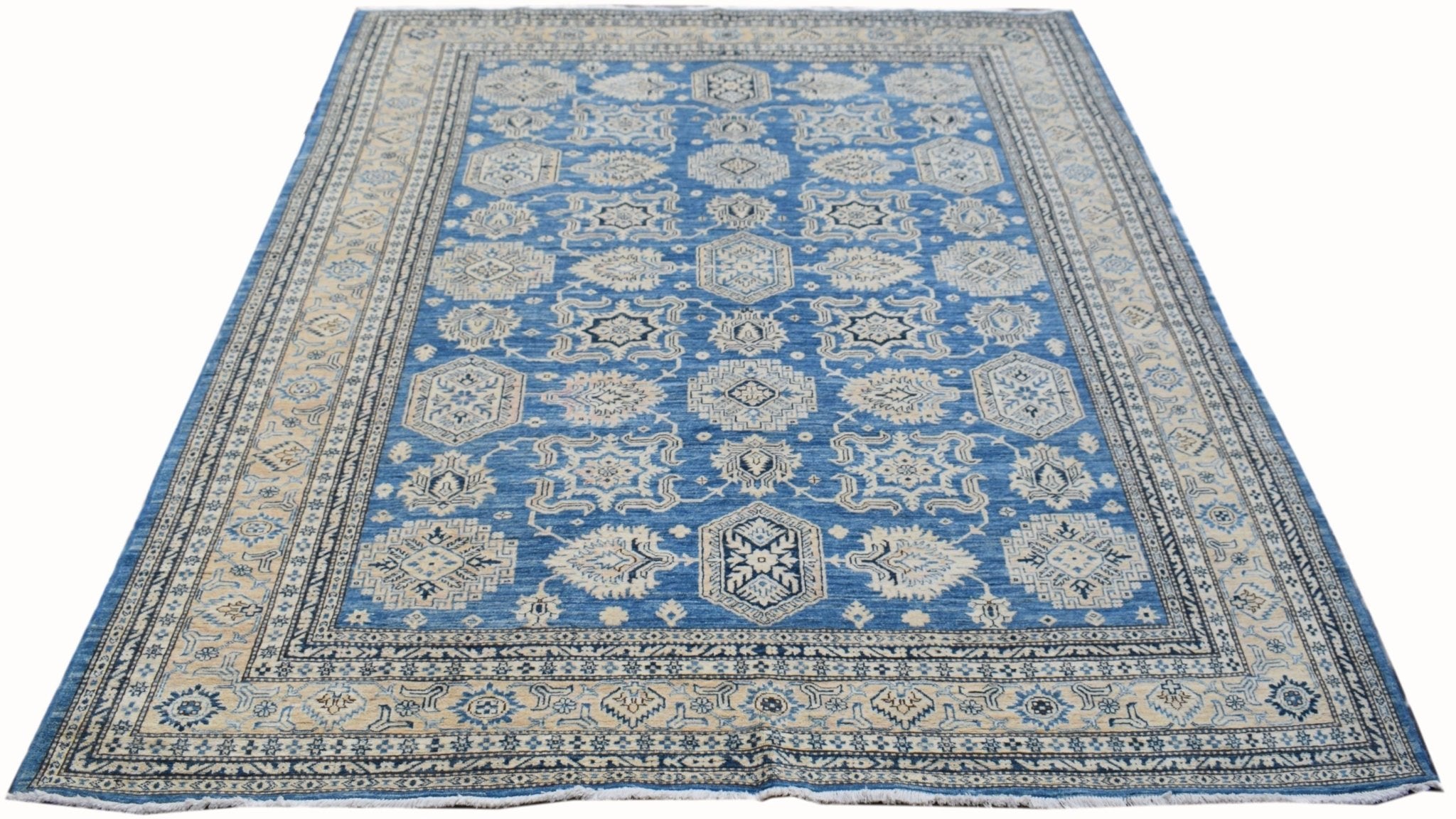 Handmade Afghan Super Kazakh rug featuring traditional geometric motifs in blue and cream wool.