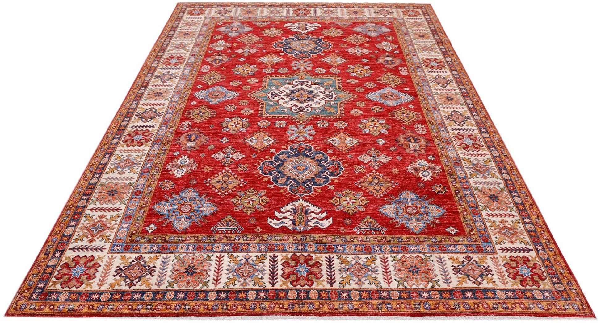 A rectangular Afghan Super Kazakh rug featuring traditional geometric motifs in red and blue.