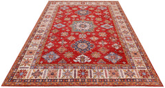 A rectangular Afghan Super Kazakh rug featuring traditional geometric motifs in red and blue.