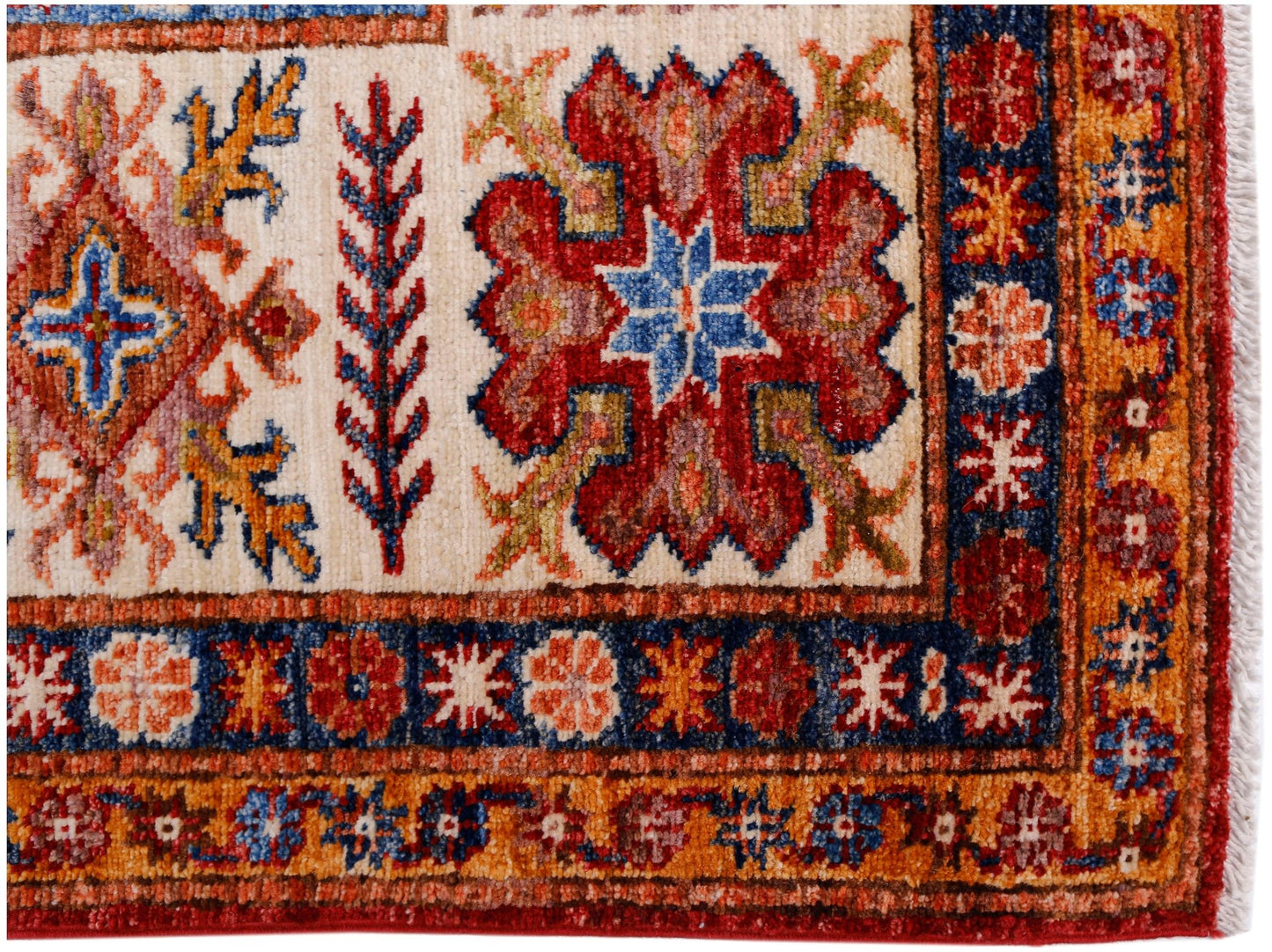 A hand-knotted Afghan Super Kazakh rug featuring traditional floral motifs in red, blue, and gold.