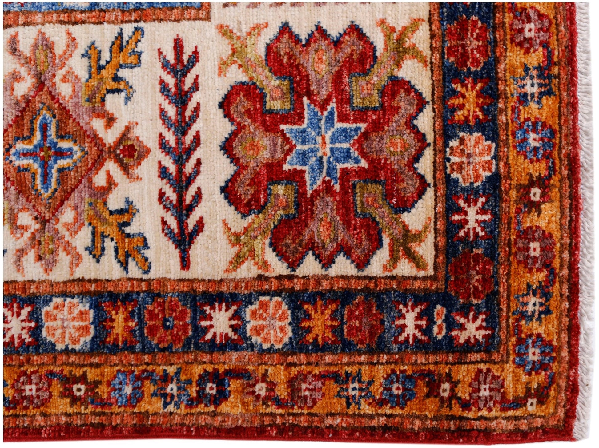 A hand-knotted Afghan Super Kazakh rug featuring traditional floral motifs in red, blue, and gold.