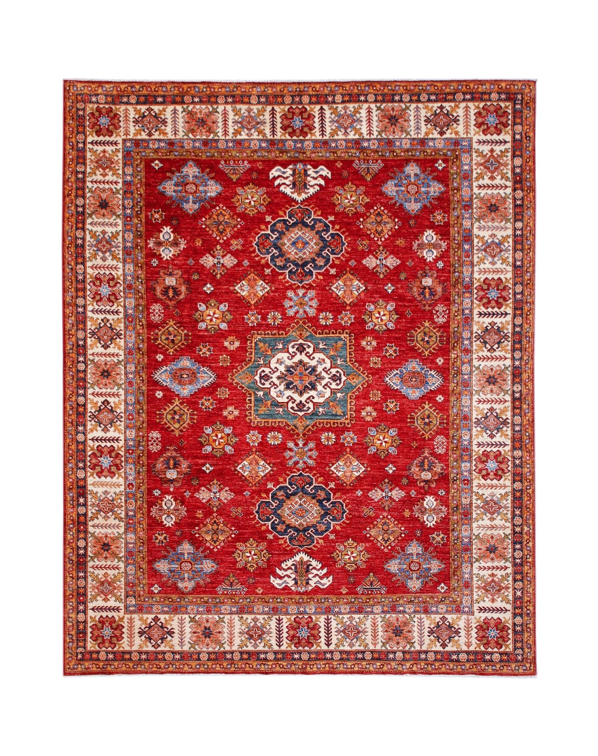 A rectangular Afghan Super Kazakh rug featuring traditional geometric motifs on a red field.
