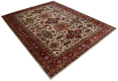 Handmade Afghan Super Kazakh rug featuring traditional geometric motifs in red and beige tones.