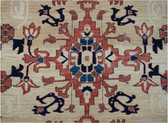 Handmade Afghan Super Kazakh rug featuring a traditional geometric medallion in red, blue, and tan.