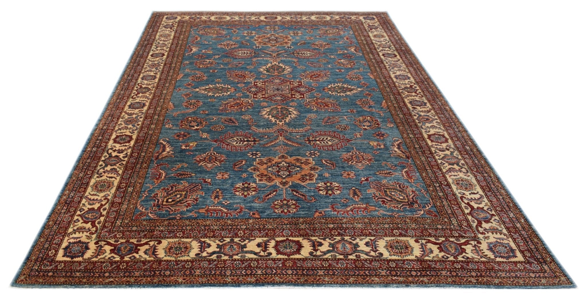 A rectangular Afghan Super Kazakh rug featuring traditional floral motifs in red and blue tones.
