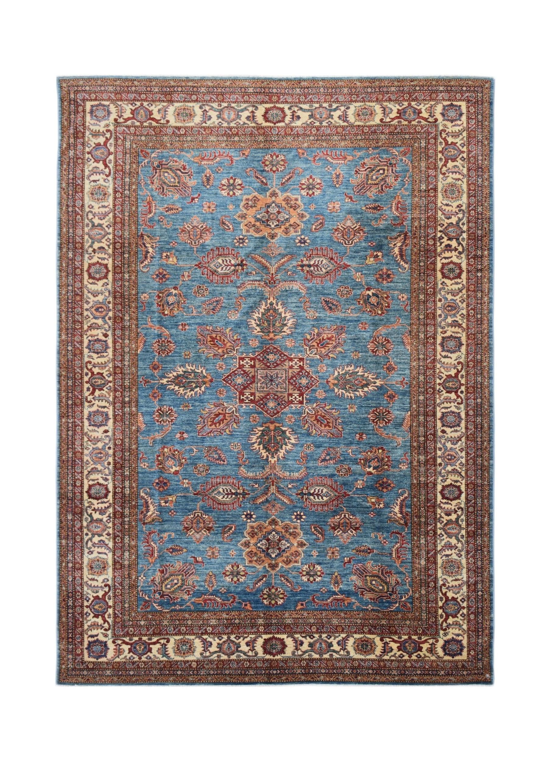 An Afghan Super Kazakh rug featuring a traditional blue field with intricate red and cream motifs.