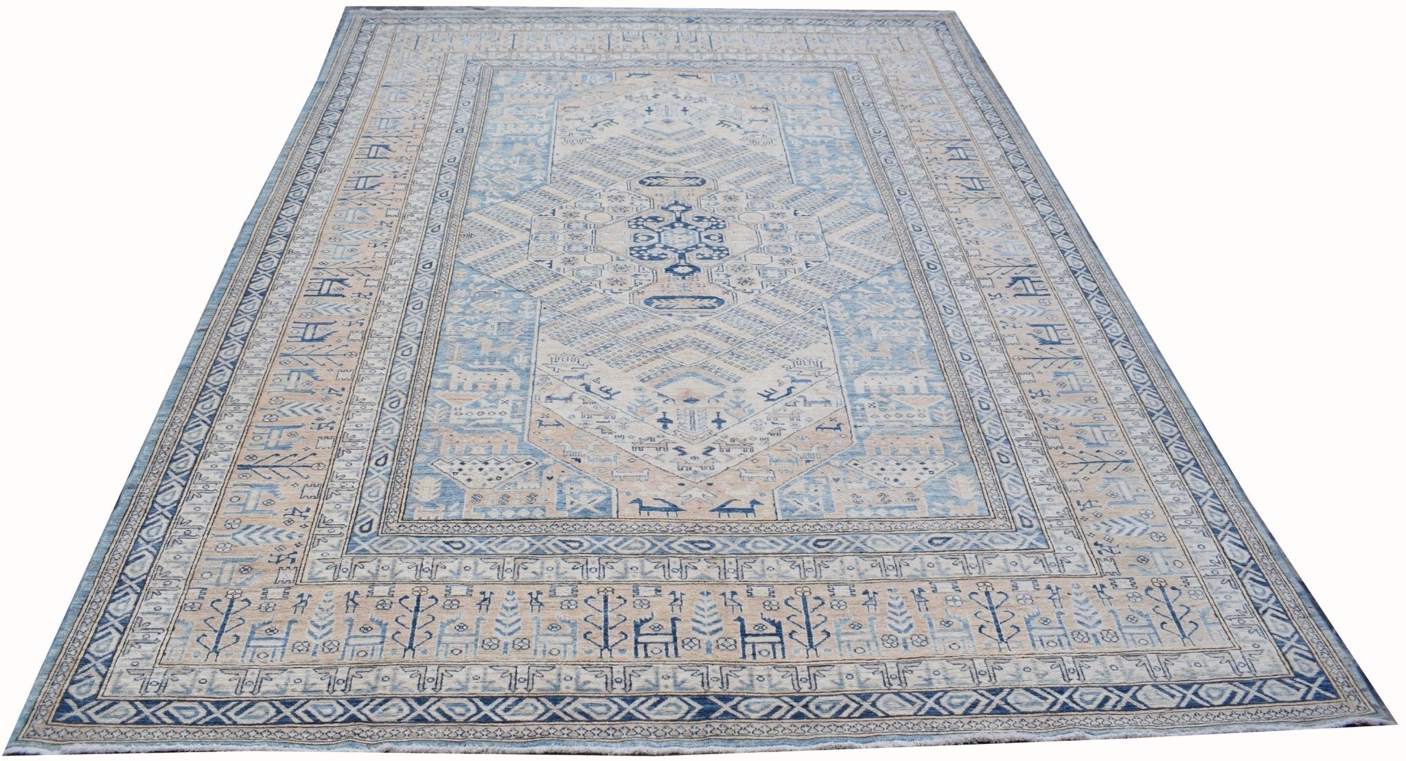 An Afghan Super Kazakh rug featuring traditional blue and beige geometric patterns.