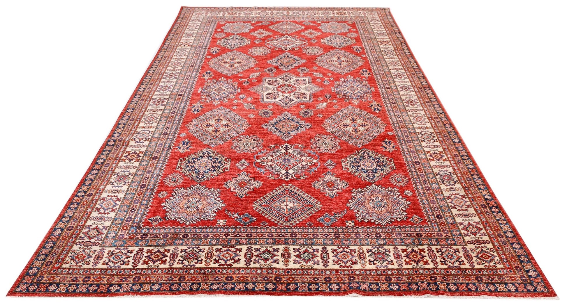 Handmade Afghan Super Kazakh rug featuring traditional geometric motifs in red, blue, and cream.