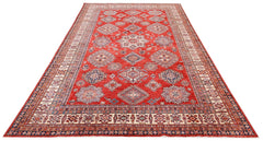 Handmade Afghan Super Kazakh rug featuring traditional geometric motifs in red, blue, and cream.