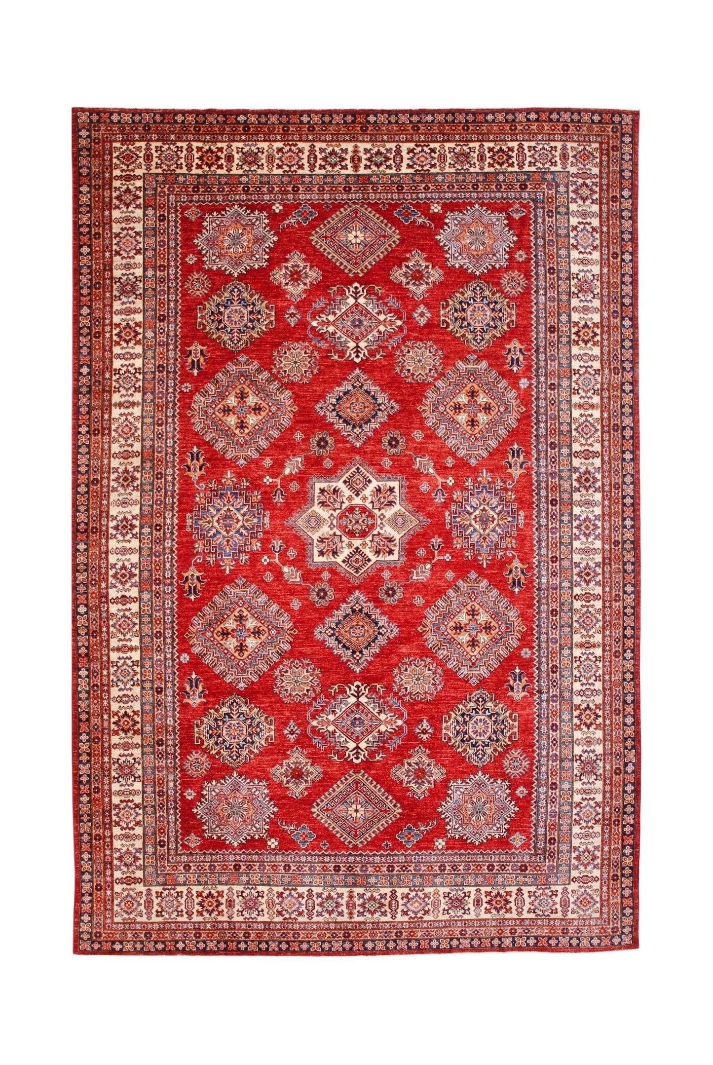 A rectangular Afghan Super Kazakh rug featuring traditional geometric motifs in red, blue, and cream.
