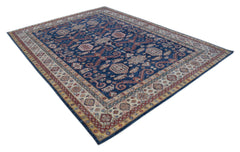 Handmade Afghan Super Kazakh rug featuring traditional geometric motifs in blue, red, and cream.