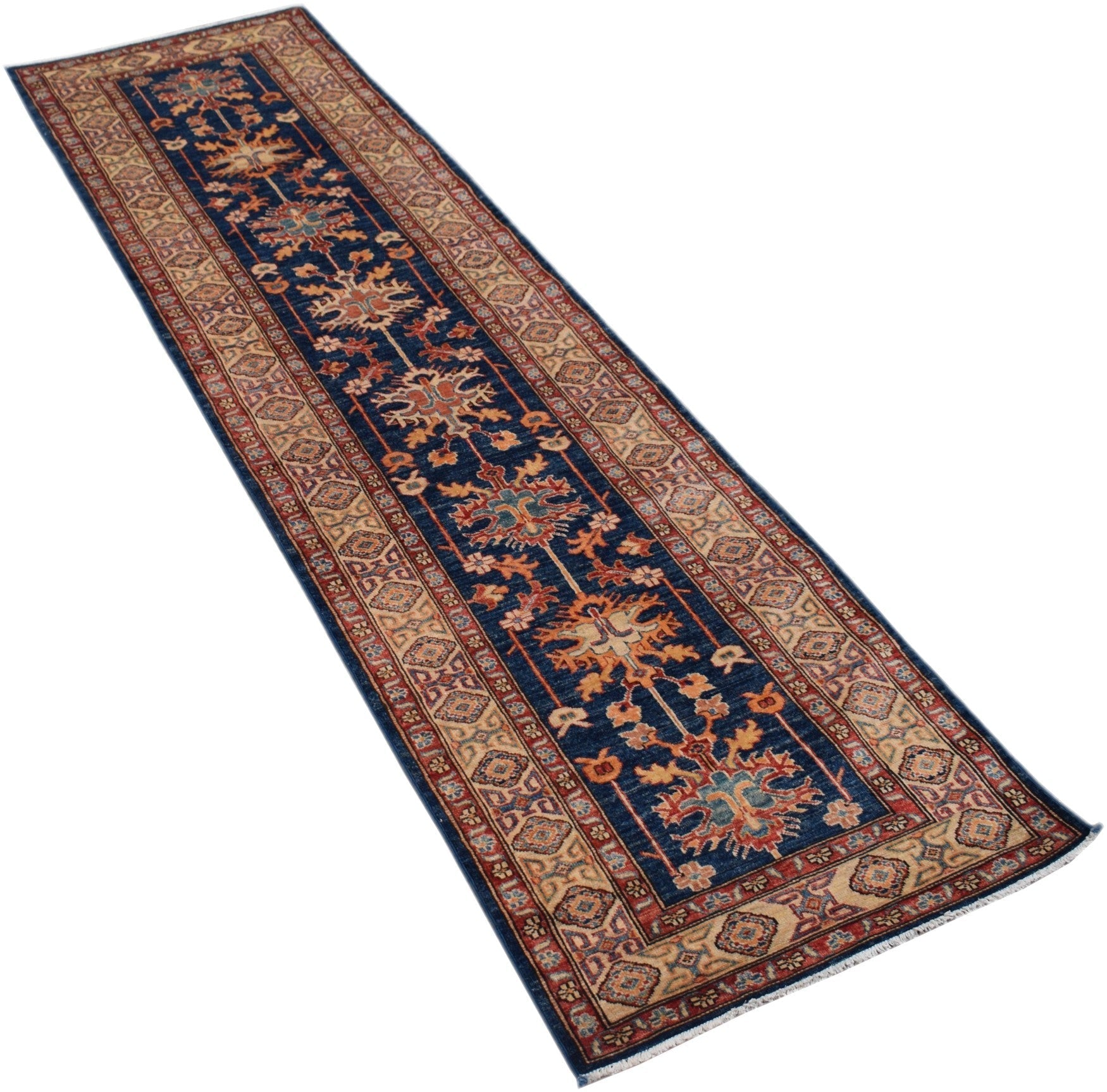 An Afghan Super Kazakh runner rug featuring a deep blue field with traditional geometric motifs.
