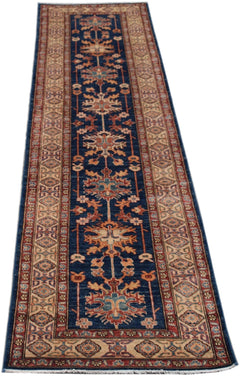 Handmade Afghan Super Kazakh runner rug featuring a traditional geometric pattern on a blue field.