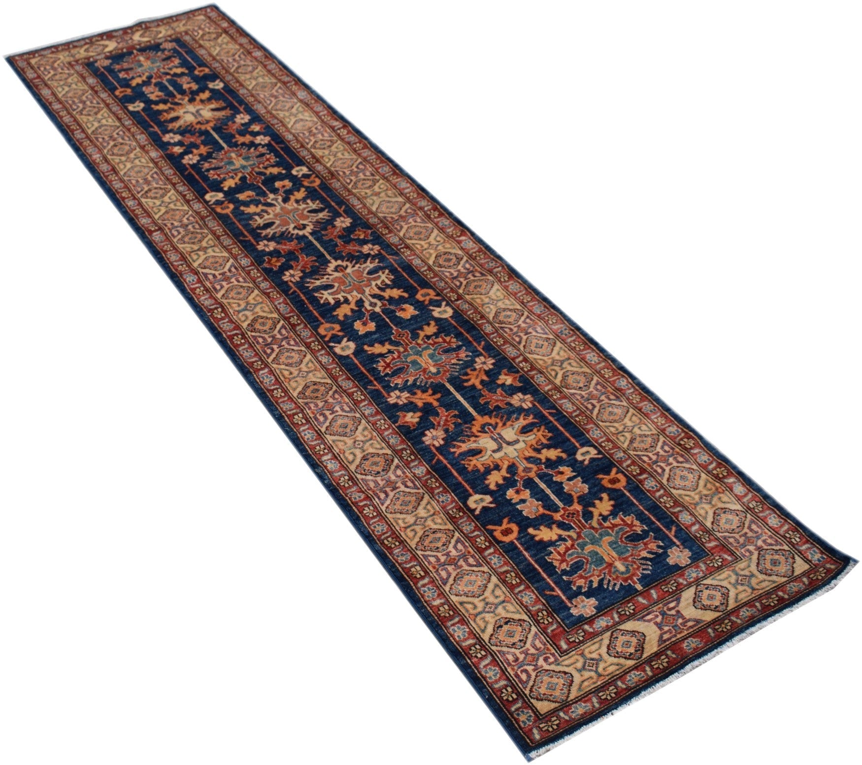 A handmade Afghan Super Kazakh runner rug featuring traditional geometric patterns in blue and red.